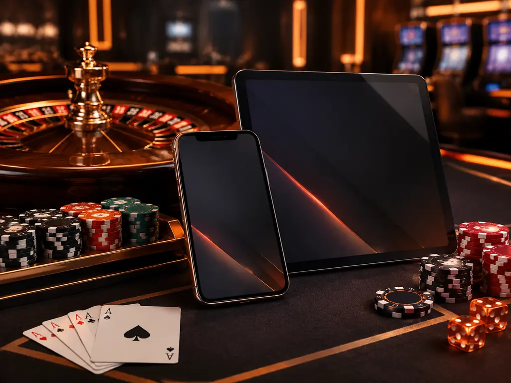 Ponsel dan tablet di dekat meja roulette kasino
