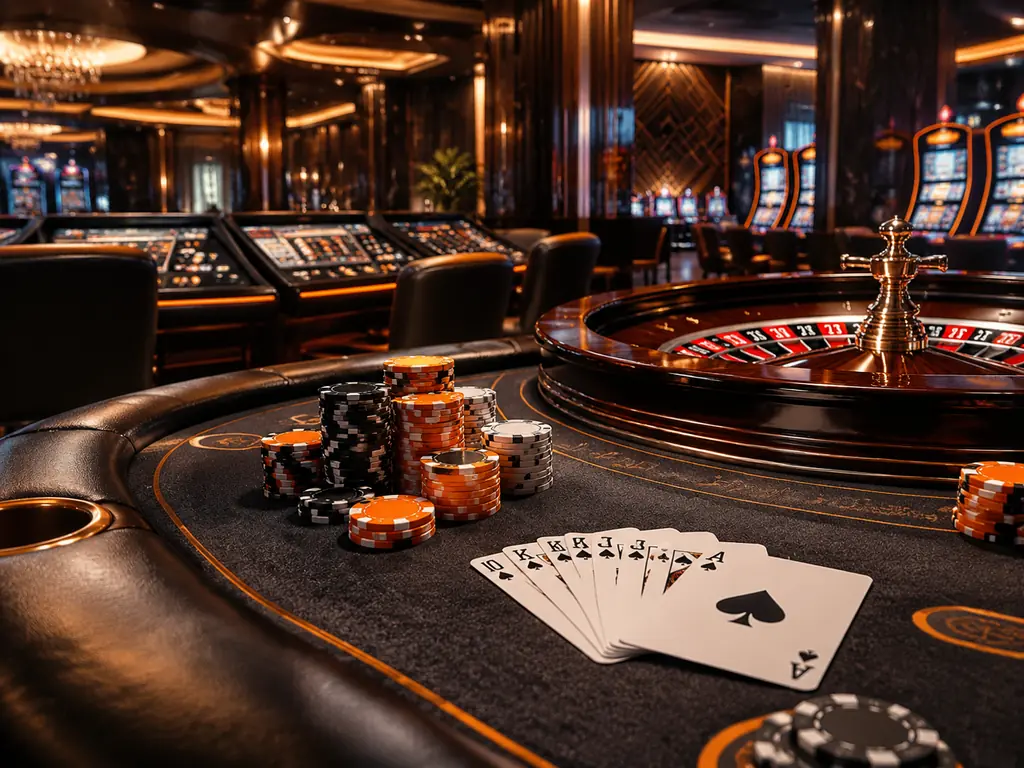 Interior kasino bergaya grafit dengan meja kartu dan roda roulette