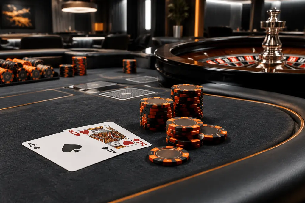 Meja kasino dengan kartu, chip, dan roda roulette dalam ruang grafit