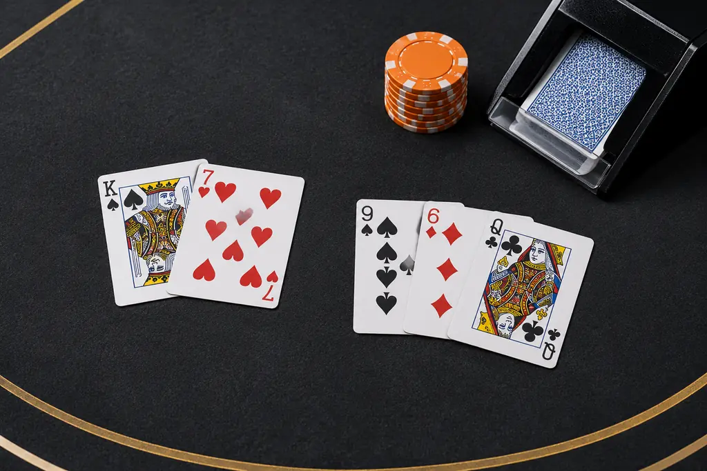 Susunan kartu baccarat dekat baki pembagian