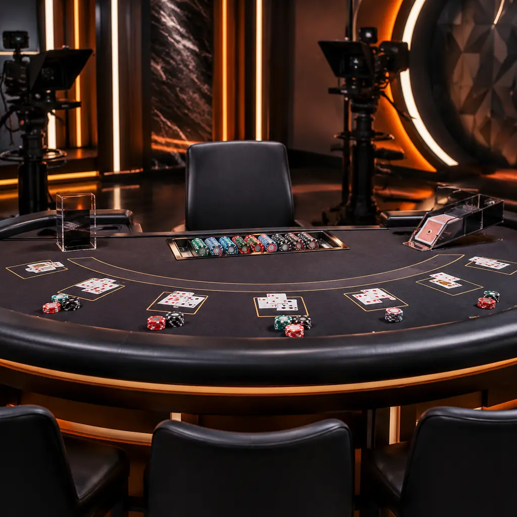 Meja blackjack di studio kasino dengan kursi dan chip