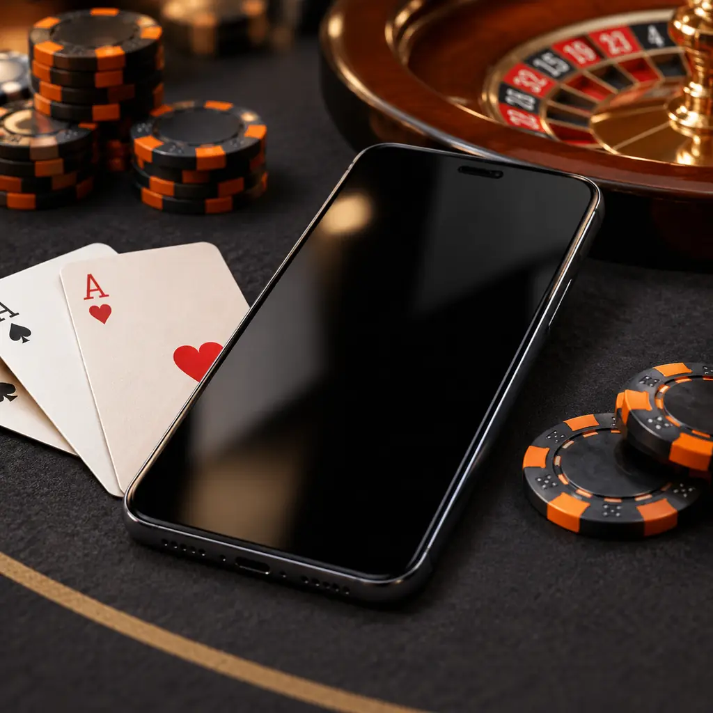 Ponsel pada tepi meja kasino dengan kartu dan chip
