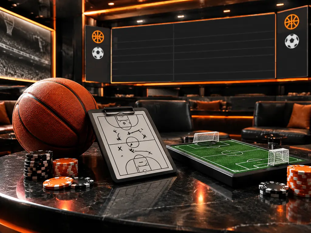 Bola basket dan papan taktik di lounge kasino
