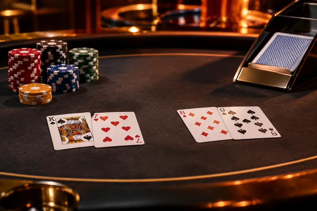 Dua kelompok kartu dan chip di meja baccarat